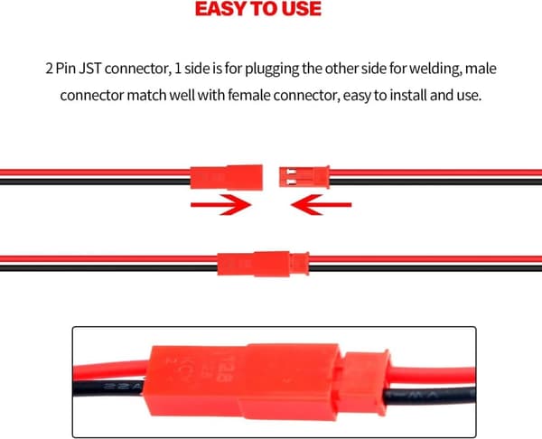 Sæt med 40 JST 22 AWG-stik, 2-polet han og hun, længde 10 cm 15 cm - perfekt til lysdioder, lamper, RC-batterier og legetøj Kabel