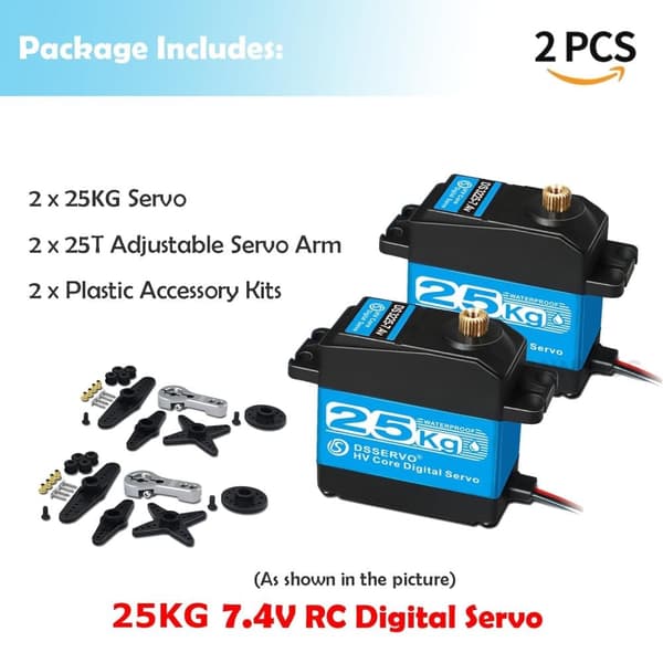 DSSERVO 2kpl RC 25KG, 7.4V korkean vääntömomentin digitaalinen moottori ruostumattomasta teräksestä valmistetuilla vaihteilla 180° ohjaustehostin
