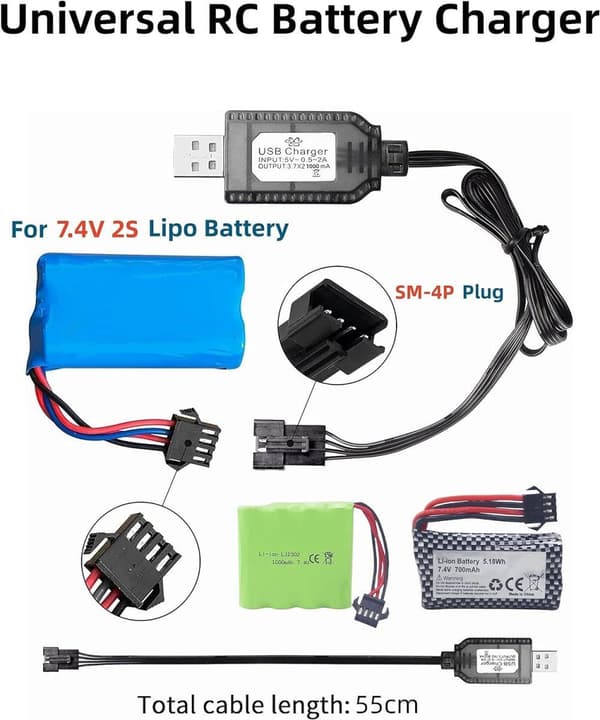 SM-4P-stik til 2S 7.4V LiPo batterikompatibelt RC bil / bil / fly / drone USB universalkabel