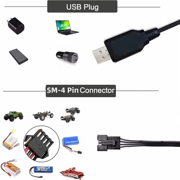SM-4P-stik til 2S 7.4V LiPo batterikompatibelt RC bil / bil / fly / drone USB universalkabel