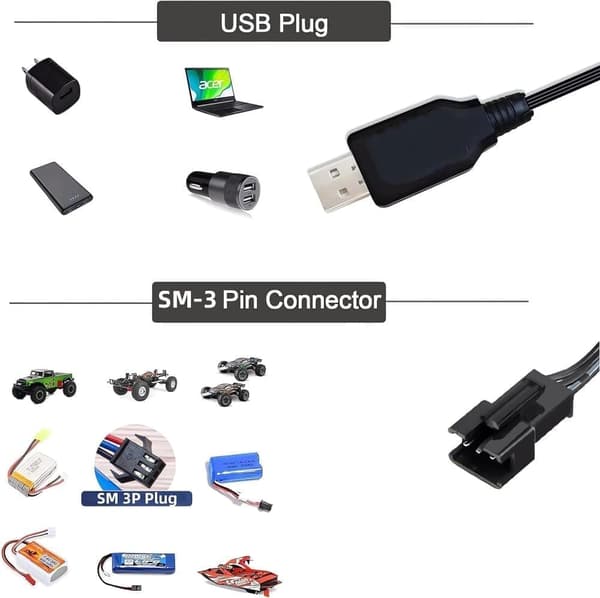 SM-3P-liitin 2S 7.4V LiPo-akun kanssa yhteensopiva RC-auto / auto / lentokone / drone USB-yleiskaapeli