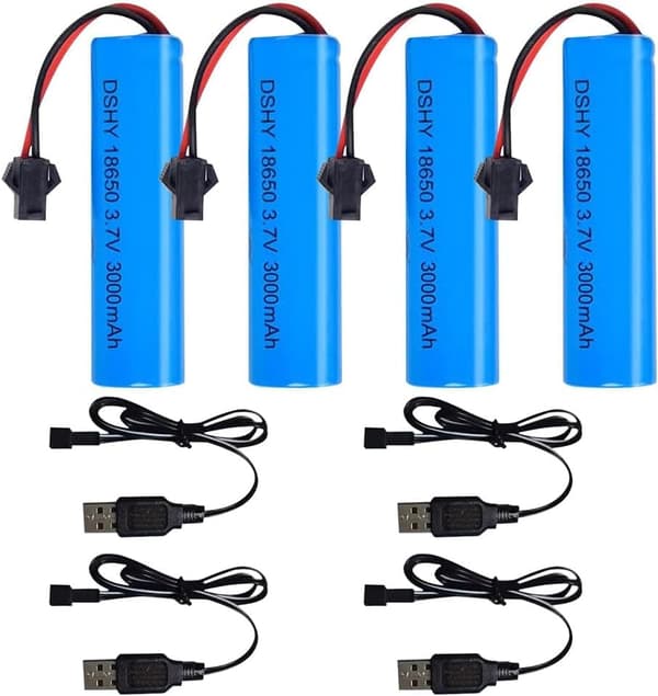 Yunique - Sæt med 4 Li-ion-batterier 3.7V 3000mAh med USB-oplader til RC-biler, kompatibel med DE45 DE42 1:14 off-road og drift racing modeller