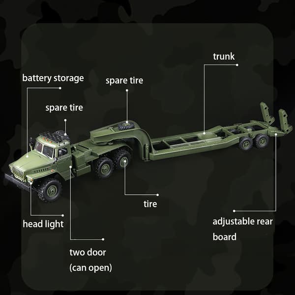 B36-3 Ural 1/16 2.4G 6WD RTR RC bil, militær lastbil med trailer, Rock Crawler køretøjsmodeller, fjernbetjeningslegetøj med 1 batteri