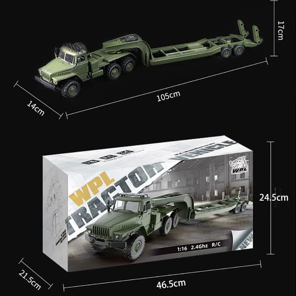 B36-3 Ural 1/16 2.4G 6WD RTR RC bil, militær lastbil med trailer, Rock Crawler køretøjsmodeller, fjernbetjeningslegetøj med 1 batteri
