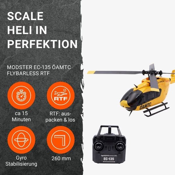Modster radiostyrt fordon - MD11672 - EC-135 OAMTC Scale RC elektrisk helikopter RTF, Gul,