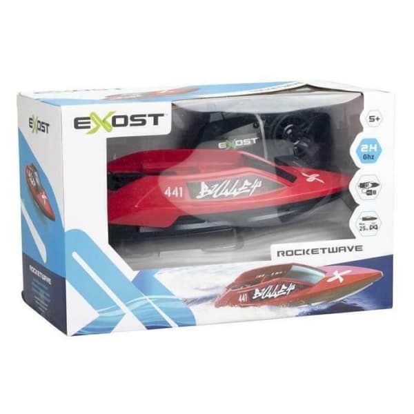Radiostyrd båt - Exost - Rocketwave - Röd och svart - Batteri - 2,4Ghz - Gun