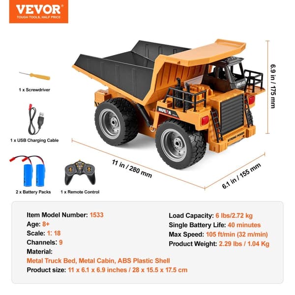RC Dump Truck, 6 lbs lastekapacitet, 105 ft/min hastighed, 40 minutters legetid,9 kanal