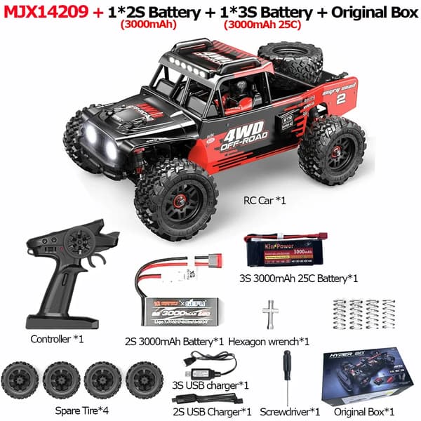 RC-auto, mittakaava 1/14, maksimi nopeus 75 km/h, etäisyys kauko-ohjaukselle 120 m,MJX14209 2B