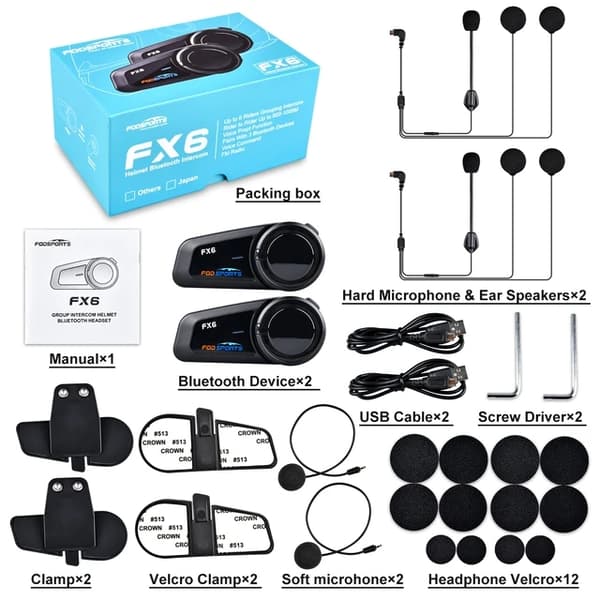 Motorcykel Intercom Headset, 6 Ryttere Kommunikation, Bluetooth 50 Forbindelse, 1 stk FX6