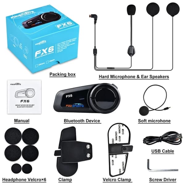 Motorcykel Intercom Headset, 6 Ryttere Kommunikation, Bluetooth 50 Forbindelse, 1 stk FX6