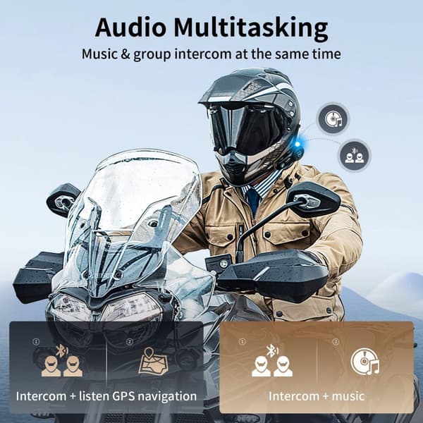 Motorcykel Bluetooth Intercom System, Op til 8 ryttere, 2000m Rækkevidde, Støjreduktion