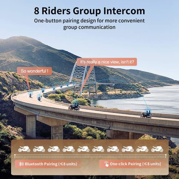 Motorcykel Bluetooth Intercom System, Op til 8 ryttere, 2000m Rækkevidde, Støjreduktion