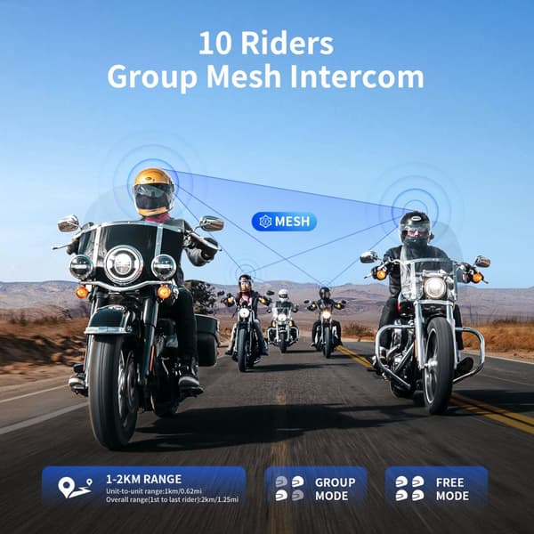 Motorcykelhjelm Intercom, Bluetooth 5.4, 10-vejs kommunikation, FM-radio
