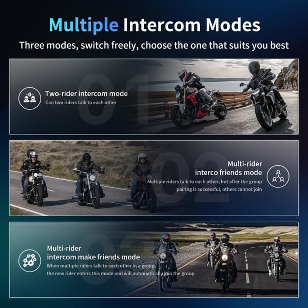 Motorcykelhjelm Intercom, Bluetooth 5.4, 10-vejs kommunikation, FM-radio