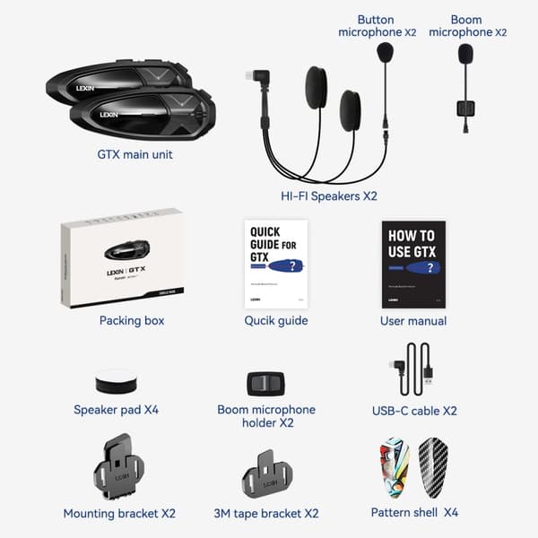 Lexin GTX Intercom, 2000m rækkevidde, understøtter 10 ryttere,Dobbelt pakke 2PCS