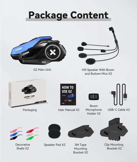 Motorcykelhjelm Bluetooth Intercom, Op til at parre 6 ryttere, Stor knap design, G2-2PCS