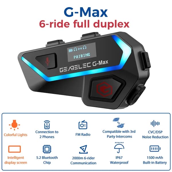 Hjelmheadset, Bluetooth 5.2, 6 ryttere kommunikation, IP67 vandtæt,G-MAX