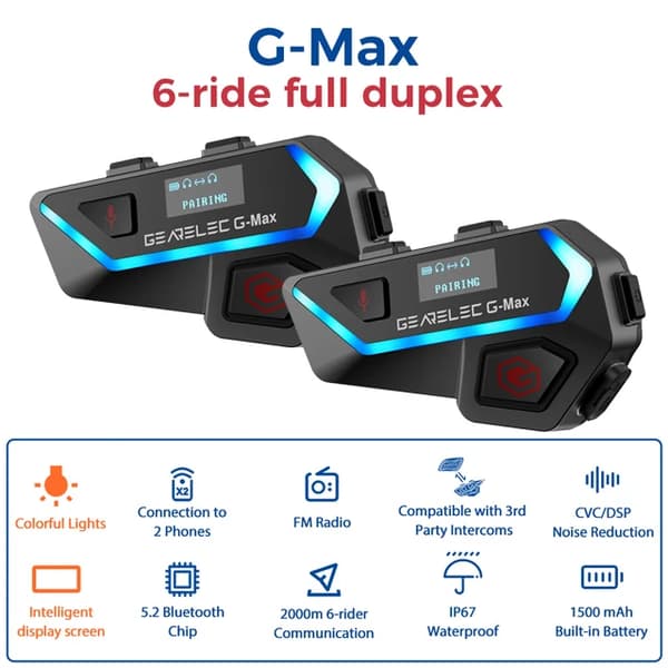 Hjelmheadset, Bluetooth 5.2, 6 ryttere kommunikation, IP67 vandtæt,2PCS G-MAX