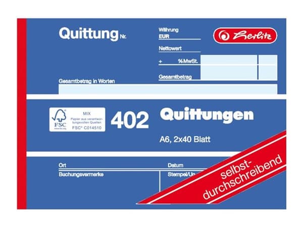 Herlitz 402 - Receipt pad - 40 ark - A6 (105 x 148 mm) - dublett - karbonfri (en pakke 4)