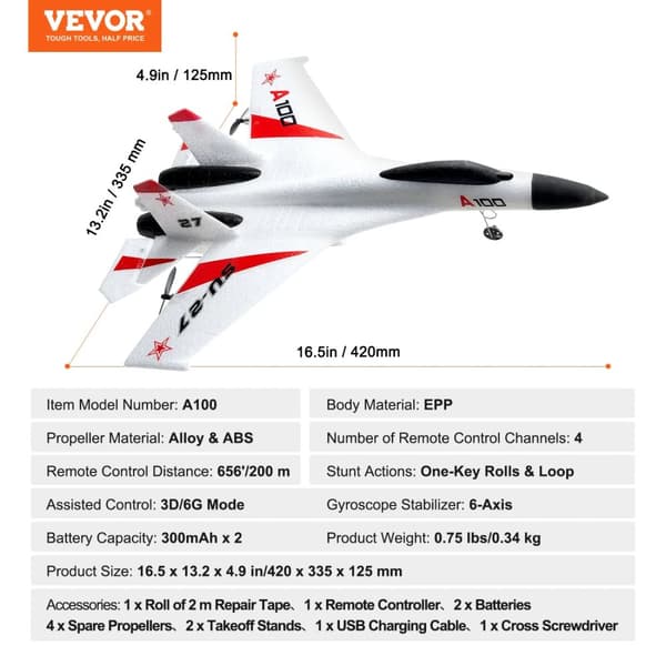 VEVOR Fjernstyret Fly, 656 ft Rækkevidde, 300mAh x 2 Batterier,Hvid
