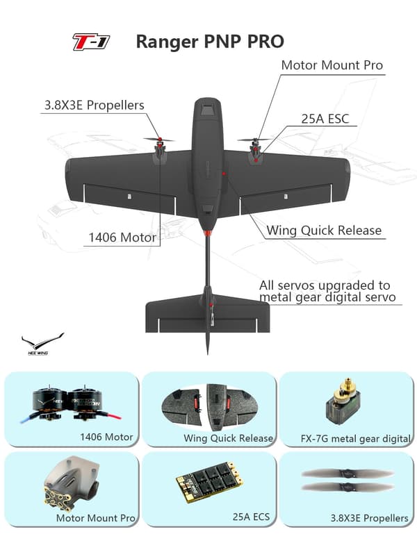 HeeWing RC T1 730mm EPP FPV Airplane PNP Pro Grå