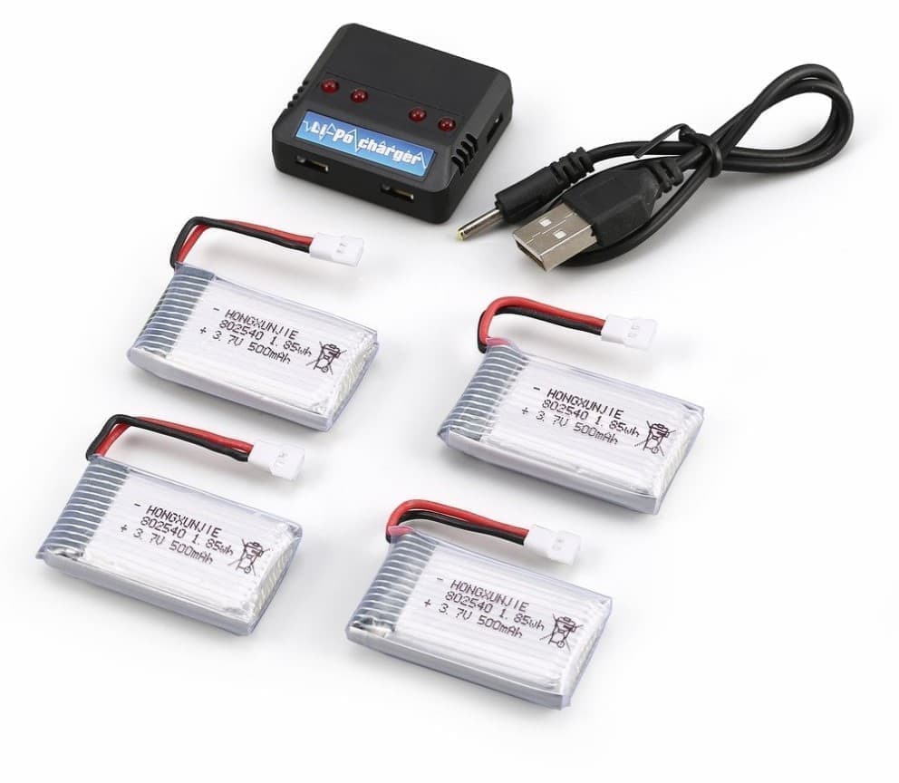 4 stycken uppladdningsbara Lipo-batterier (3,7v, 500mAh Lipo) + 1 laddare 1 till 4 för Rc Drones Quadcopters Syma X5 X5C X5SC X5SW, Cheerson CX-30W,