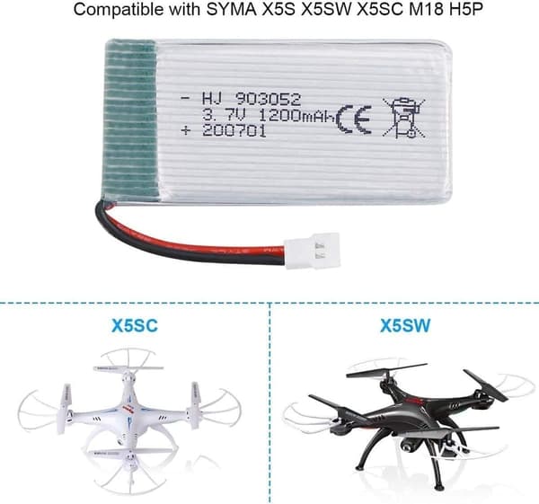 Syma 1-delt genopladelig (3.7V, 1200mAh Lipo) til Rc Drones Quadcopters X5SC X5SW - Tilbehør til fjernbetjening Legetøj Lipo batteri