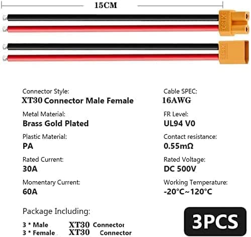 3 par XT30-kontakt, Lipo-batterikontakter, med silikonkabel 100 mm 16AWG RC Lipo - Tillbehör till Fjärrstyrda Leksaker Kabel