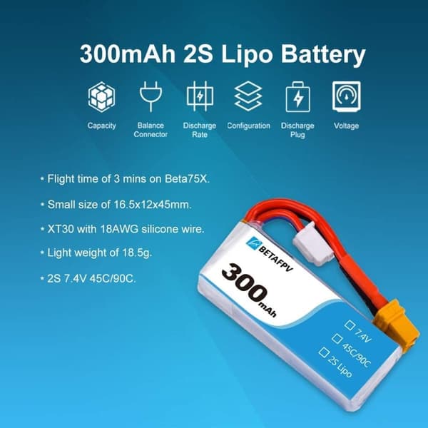 Beta FpV 2S Whoop 1 stykke 7.4V 300mAh 45C 2S HV batteri XT30 18AWG silikonetråd 2S Whoop - tilbehør til fjernbetjening legetøj Lipo batteri