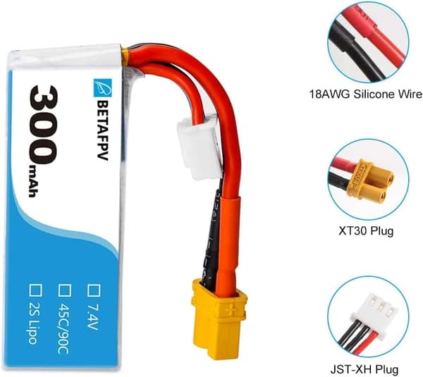 Beta FpV 2S Whoop 1 stykke 7.4V 300mAh 45C 2S HV batteri XT30 18AWG silikonetråd 2S Whoop - tilbehør til fjernbetjening legetøj Lipo batteri