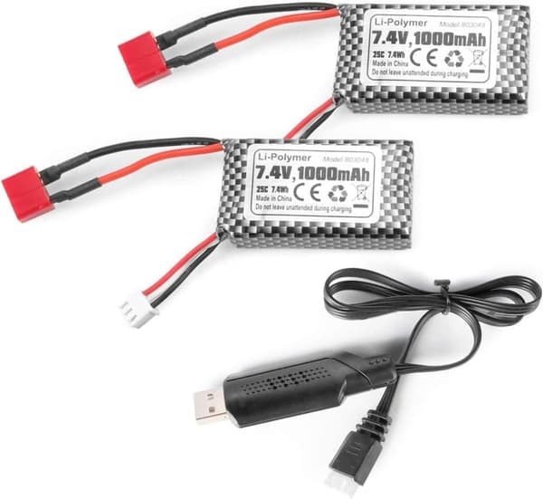 Xinlehong 2Pcs 7.4V 1000mAh med T-stik stik til 18859 18858 Q902 35-DJ03 med RC USB-oplader - Tilbehør til fjernstyret legetøj Lipo-batterier