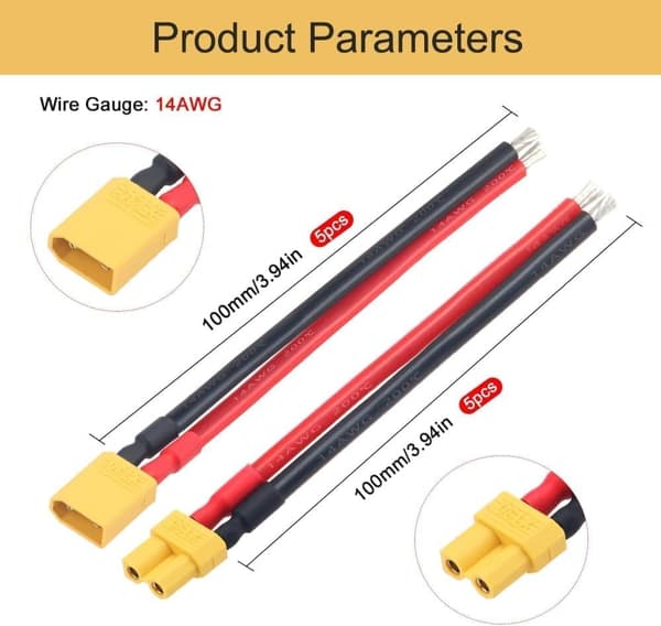 5 par XT30 med silikonekabel 100mm 14AWG til Lipo FPV dronebatteri - tilbehør til fjernstyret legetøj Hunstik