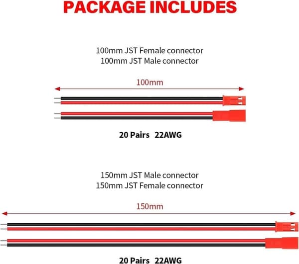Sæt med 40 JST 22 AWG-stik, 2-polet han og hun, længde 10 cm 15 cm - perfekt til lysdioder, lamper, RC-batterier og legetøj Kabel
