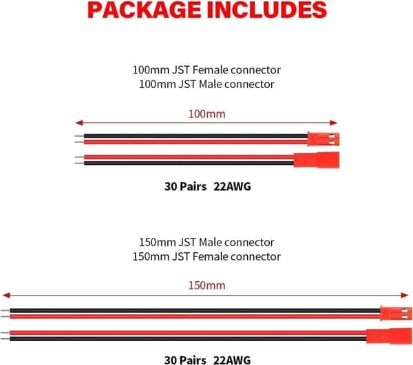 Sæt med 60 JST 22 AWG-stik, 2-polet han og hun, længde 10 cm 15 cm - perfekt til lysdioder, lamper, RC-batterier og legetøj Kabel