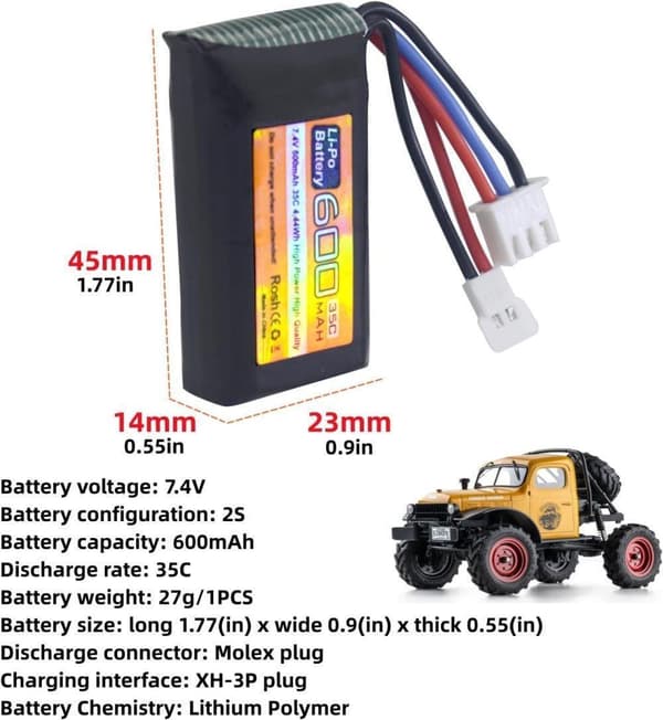 FMS 7.4V 600mAh 35C 2S med Molex-kontakt - Kompatibel med FMS FCX24 RC-bil lastbil och elektriska klättringsfordon LiPo-batteri