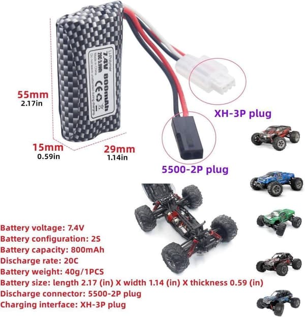 Yunique - Litiumbatteri 7.4V 800mAh 5500-2P - Kompatibel med fjärrkontrollbilar 9130, 9135, 9136, 9137, 9138, 9145 RC