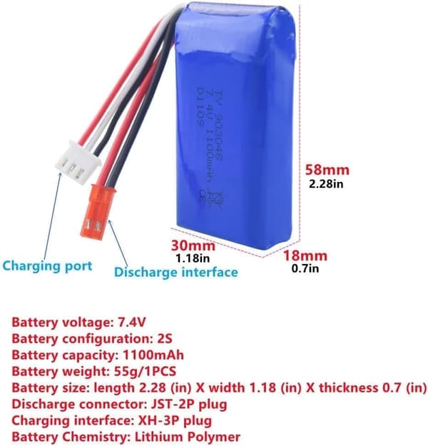 Wltoys Kit med 2 x 7.4V 1100mAh med laddare - Kompatibel med WLtoys A949, A959, A969, A979, K929, V912, V913, L959 litiumbatterier