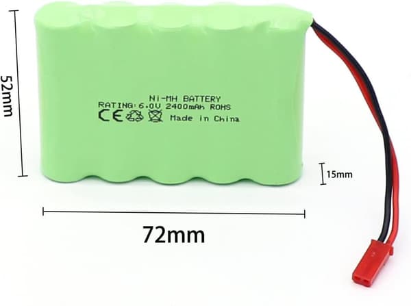 Yunique 6V 2400mAh RC-akku, Ni-MH AA ladattava akku, JST-liittimellä, RC-autolle, RC-veneelle, RC-säiliölle, sähkötyökalulle | Mitat: 52x72x15mm