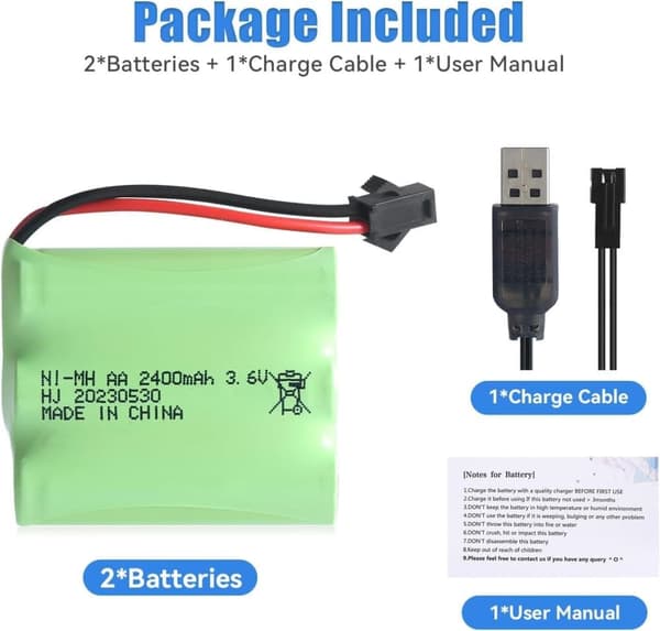 Yunique - ladattava Ni-MH AA 3.6V 2400mAh akku USB-latauskaapelilla ja SM 2P -liittimellä - paras kaukosäätimen leluille, valaistukselle