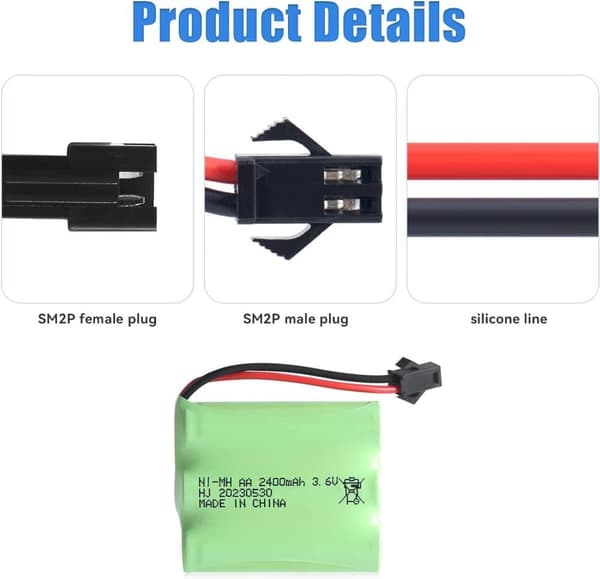 Yunique - ladattava Ni-MH AA 3.6V 2400mAh akku USB-latauskaapelilla ja SM 2P -liittimellä - paras kaukosäätimen leluille, valaistukselle