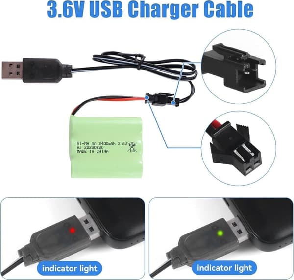 Yunique - ladattava Ni-MH AA 3.6V 2400mAh akku USB-latauskaapelilla ja SM 2P -liittimellä - paras kaukosäätimen leluille, valaistukselle