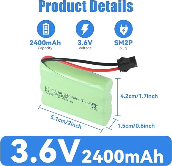 Yunique - ladattava Ni-MH AA 3.6V 2400mAh akku USB-latauskaapelilla ja SM 2P -liittimellä - paras kaukosäätimen leluille, valaistukselle