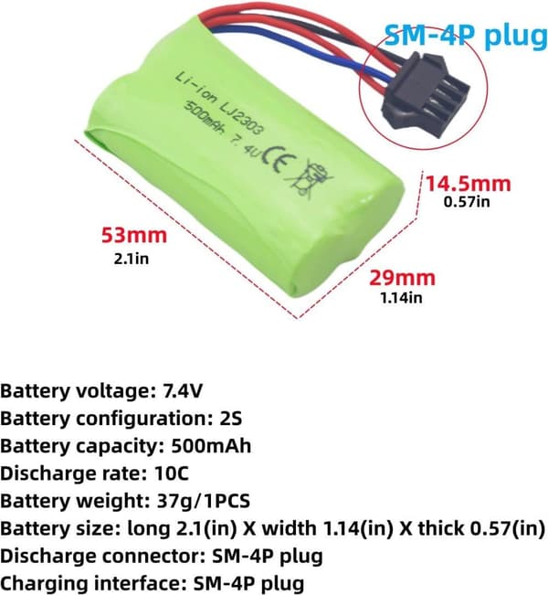 Yunique - Höghastighets 7,4V 500mAh litiumbatterier - EC16 DE85-kompatibel för fjärrkontrollbåt, fartygsmodell och bil - 2 stycken