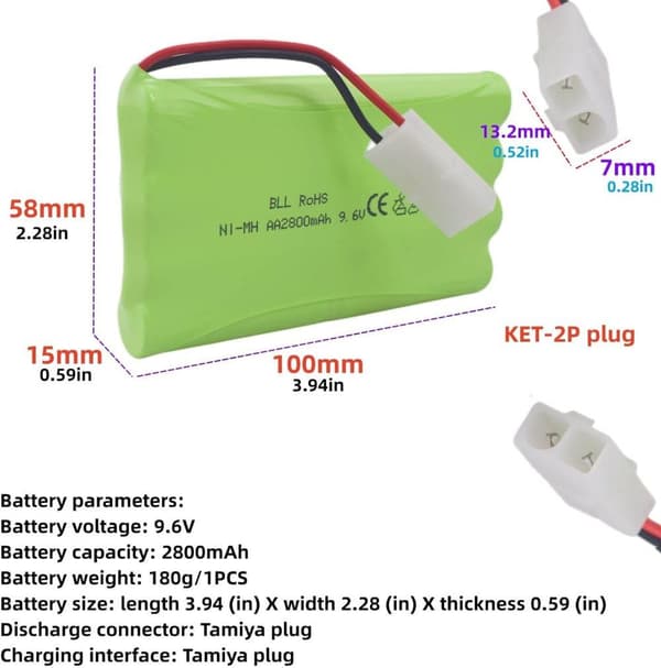 Yunique - Genopladeligt AA 9.6V 2000mAh batteri med Tamiya-stik og USB-opladningskabel - Perfekt til fjernstyrede biler, lastbiler, tanke og både