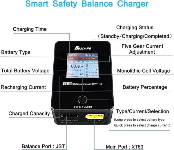Bosli-po Lipo Batterioplader 1S-4S Balance Med Digital IPS-skærm, AC Smart Batterioplader Til Lipo / Lihv / Life Med 6 Opladningskabler
