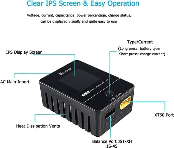 Bosli-po Lipo Batterioplader 1S-4S Balance Med Digital IPS-skærm, AC Smart Batterioplader Til Lipo / Lihv / Life Med 6 Opladningskabler