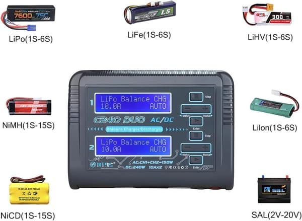 HTRC C240 dobbelt oplader til RC LiPo/Li-ion/LiFe/LiHV/NiCd/NiMH/PB-batterier – Balanceret oplader/aflader, AC150W/DC240W, 10A, til 1-6S LiPo