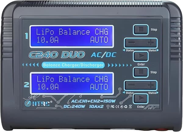 HTRC C240 dobbelt oplader til RC LiPo/Li-ion/LiFe/LiHV/NiCd/NiMH/PB-batterier – Balanceret oplader/aflader, AC150W/DC240W, 10A, til 1-6S LiPo