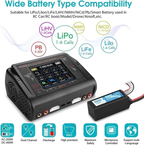 HTRC T400 Pro Laddare LiPo DC 400W AC 200W 12A x2 – RC Laddare/Urladdare för LiHV, LiFe, Li-ion, NiCd, NiMh, Pb, LiPo-batterier