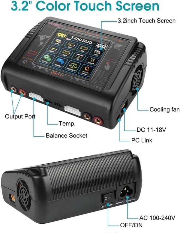 HTRC T400 Pro Laddare LiPo DC 400W AC 200W 12A x2 – RC Laddare/Urladdare för LiHV, LiFe, Li-ion, NiCd, NiMh, Pb, LiPo-batterier